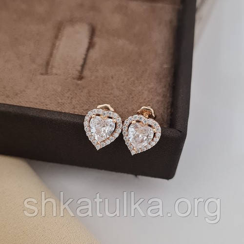 Сережки вкрутки із золота сердечка з білими фіанітами 1.99, фото 1