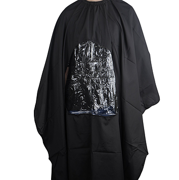 Перукарська накидка Hots Professional, чорна з віконцем для телефону, на резинці та гачках (HP1069-BK)