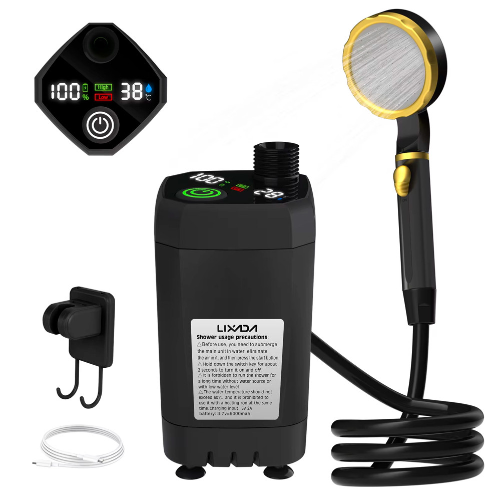 Портативний душ на акумуляторі Lixada 6000 mAh Переносний Міні Душ з дисплєм Чорний, фото 1