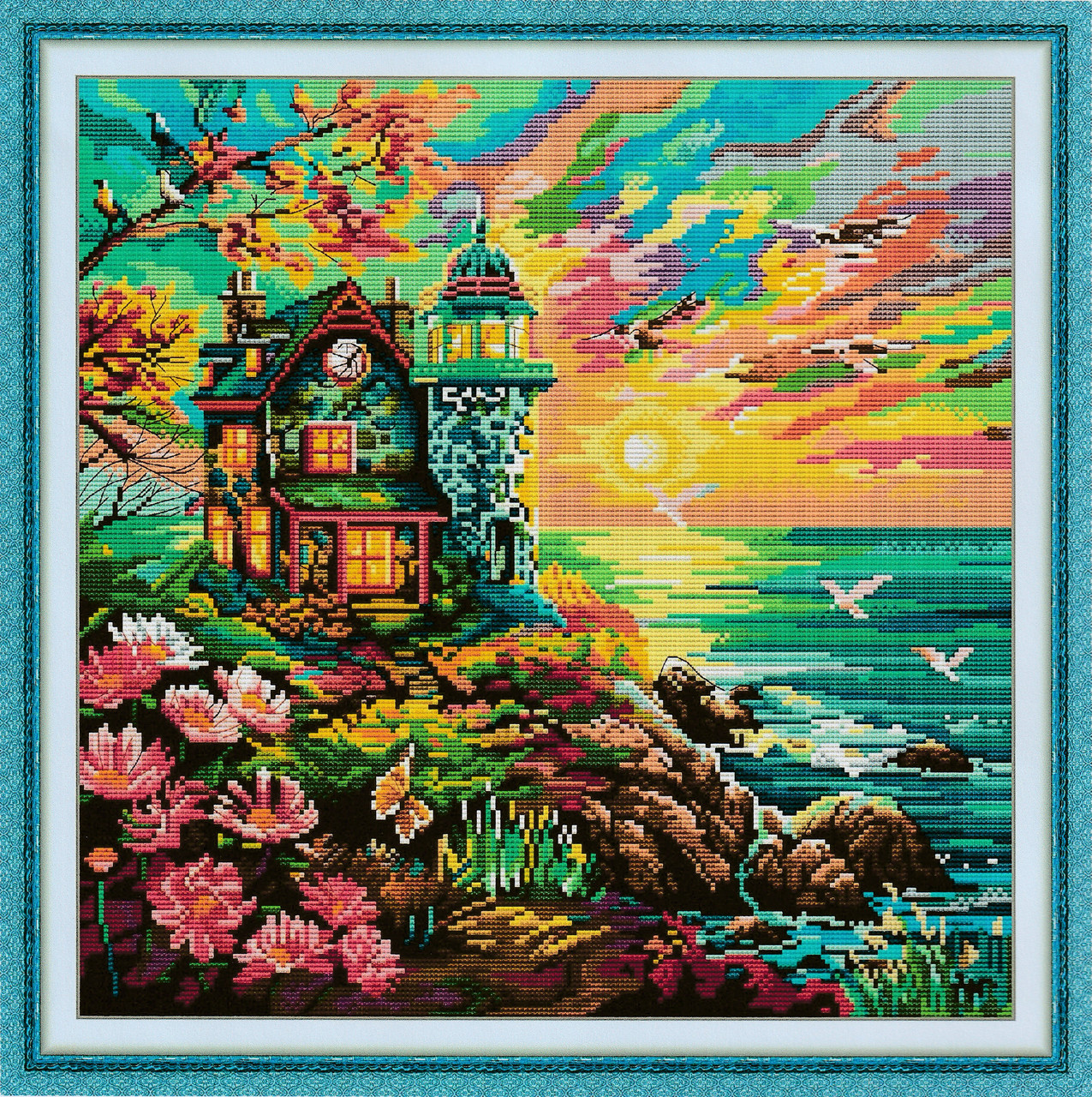 Набір для вишивання за нанесеною на канву схемою “Seaside Lighthouse”.AIDA 14CT printed , 43*43 см, фото 1