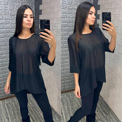 Чорна шифонова блузка з рукавом