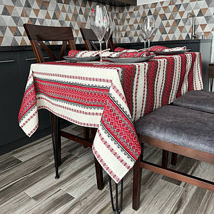 Скатертина лляна червона №3 "Український орнамент", люкс якість (Під замовлення або стандартний розмір)