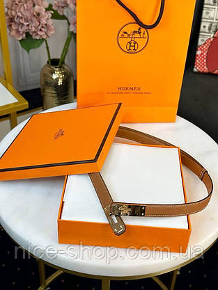 Ремінь шкіряний коричневий  H.E.R.M.E.S, пряжка золото, фото 2