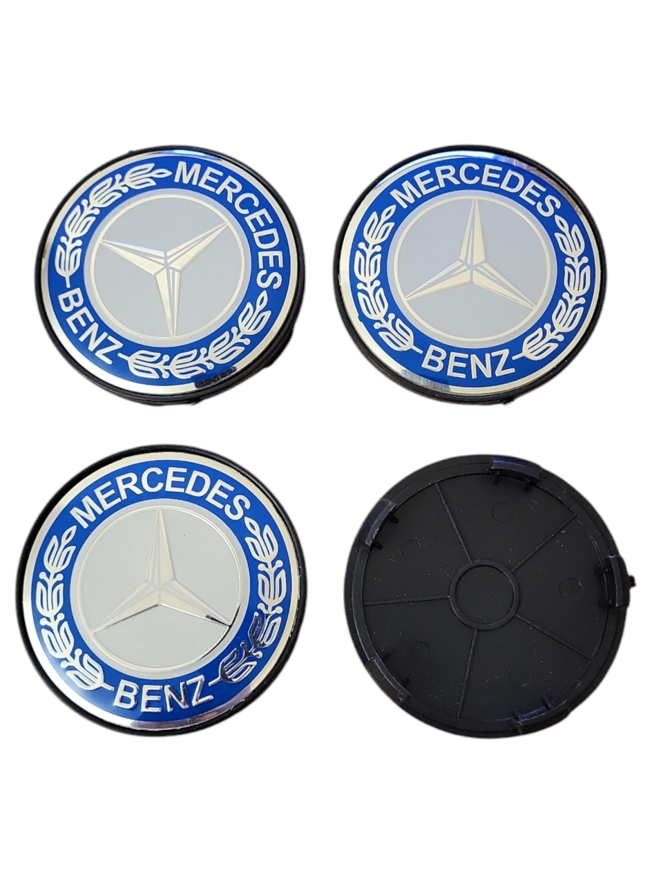 Ковпачки, заглушки на диски Mercedes-Benz 68 мм / 65 мм хром з синім 4 шт