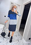 Тепла пряма сукня жіноча з розрізами з боків синьо сіра вільна сукня міді в смужку триколірна, фото 7