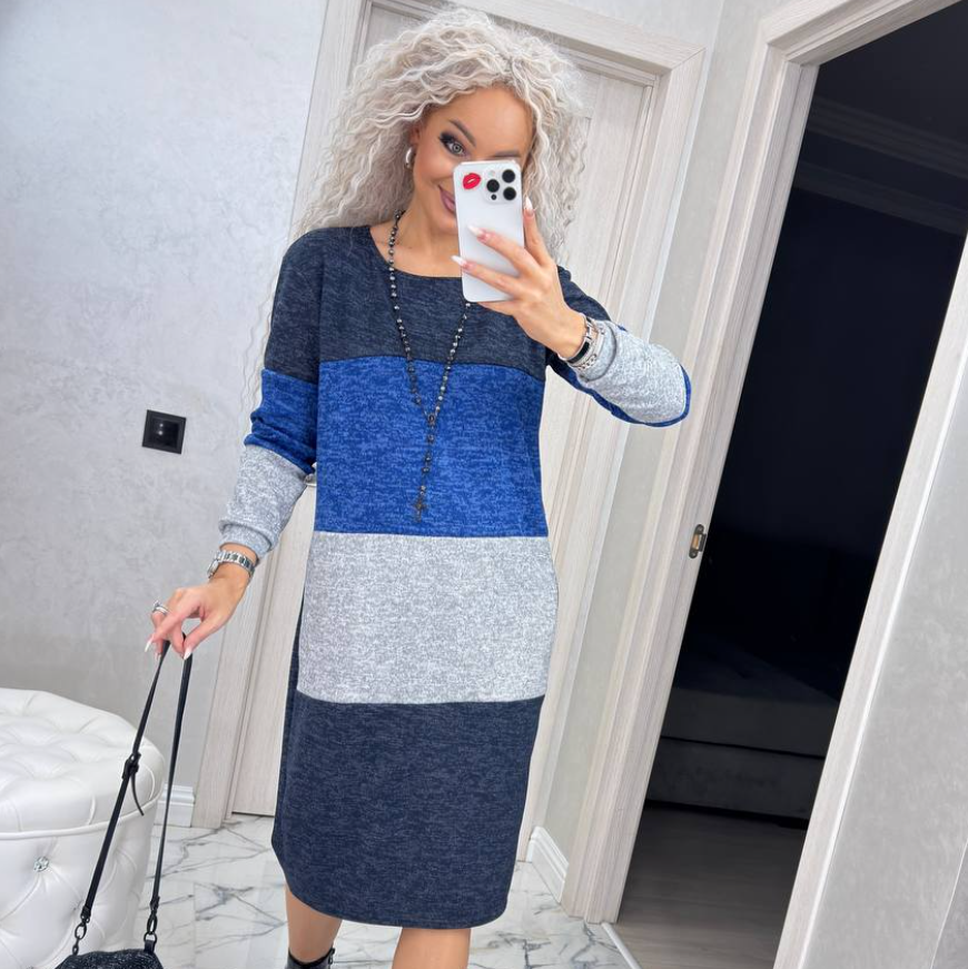 Тепла пряма сукня жіноча з розрізами з боків синьо сіра вільна сукня міді в смужку триколірна, фото 1