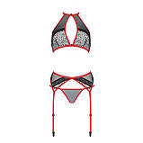 Комплект білизни Passion Satara Set червоний для жінок з поясом бюстгальтером для панчох і стрінгами, фото 3