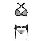 Сітчастий комплект білизни бюстгальтер з трусики халтером і пояс для панчох для романтичного вечора чорний, фото 4