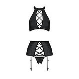 Комплект із еко-шкіри зі шнурівкою для жінок топ трусики пояс для панчох сексуальна білизна L/XL, фото 3