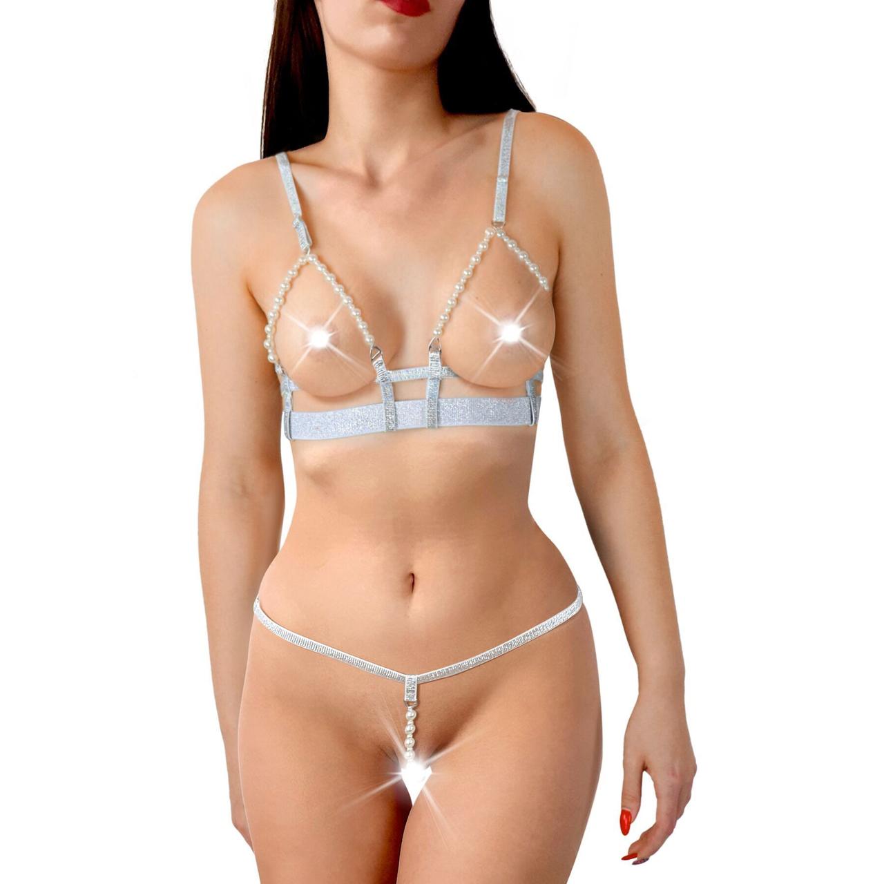 Набір еротичної білизни Art of Sex Sweet Angel для романтичних ігор відкриті груди трусики з перлами, фото 1