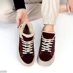 Бордові зимові прошиті кросівки натуральна замша на бежевій платформі