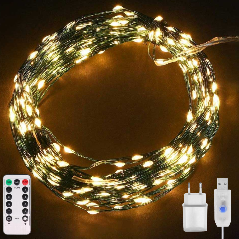 Світлодіодна гірлянда нитка "Роса" 20м з пультом, 200 LED, від USB та мережі 220V, зелений провід, Теплий білий