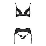 Комплект із еко-шкіри Passion Miley Set чорний для жінок з бюстгальтером трусиками та поясом для панчох, фото 3