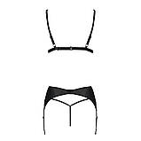 Комплект із еко-шкіри Passion Miley Set чорний для жінок з бюстгальтером трусиками та поясом для панчох, фото 4