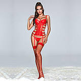 Корсет JSY Вірджіні з мокрим ефектом для романтичних зустрічей вогненно-червоний з ажурним декором та панчохами, фото 3