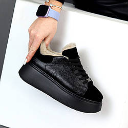 Комбіновані Чорні прошиті зимові кросівки натуральна шкіра флотар + замша на платформі