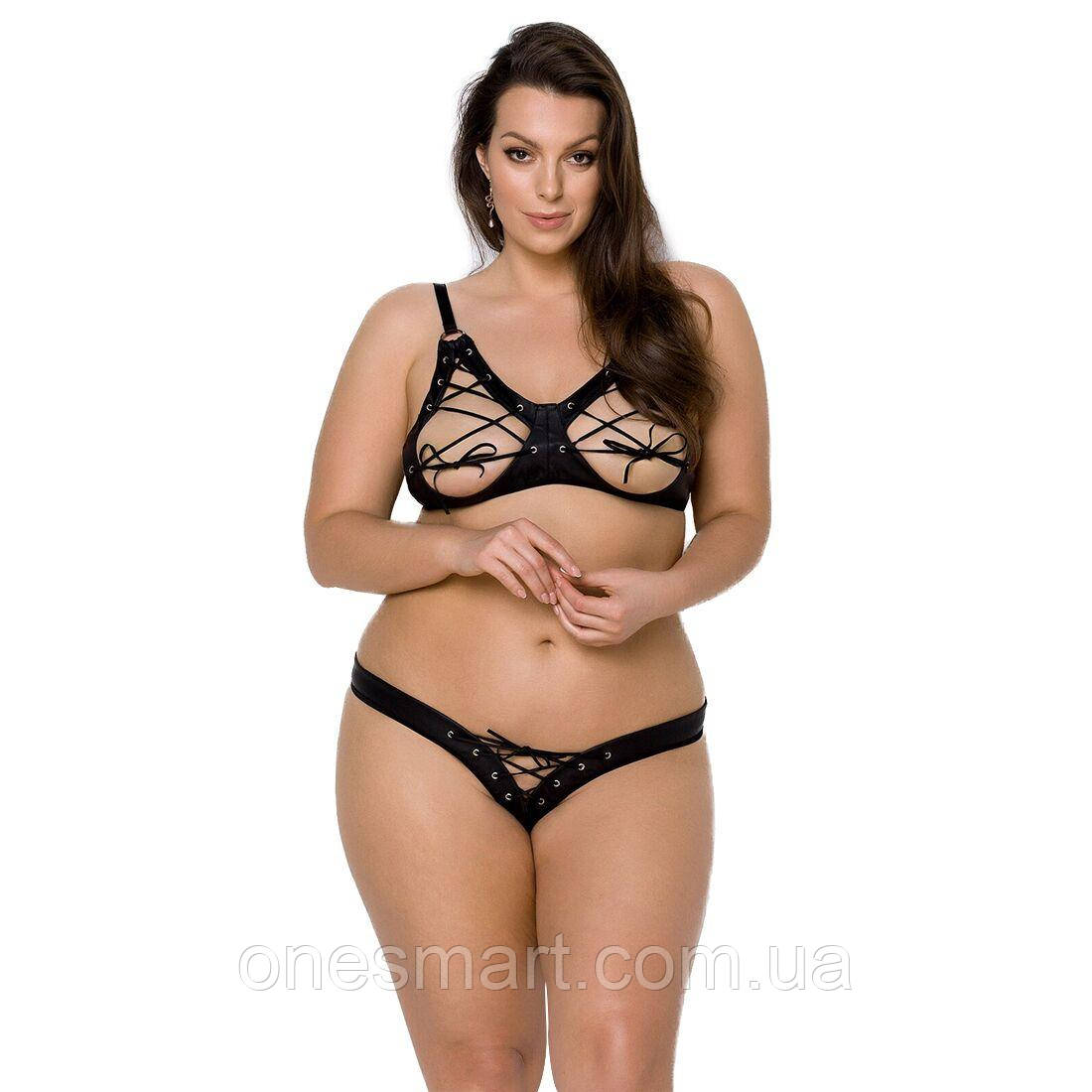 Комплект екошкіри Passion Celine Bikini для жінок 6XL 7XL відкритий ліф стрінги для пристрасті та романтики, фото 1