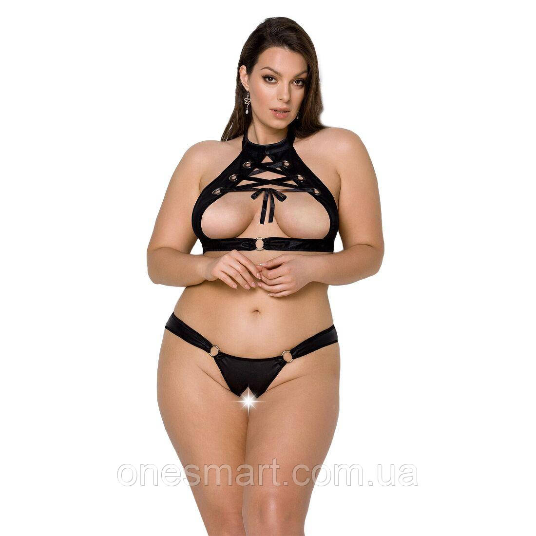 Комплект з екошкіри Passion Malwia Set з відкритим бюстгальтером для жінок 6XL 7XL для сексуального образу, фото 1