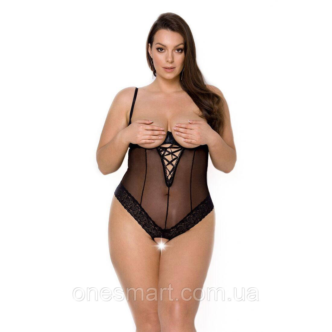 Боді Passion Exclusive North Body відкриті груди для романтичних вечорів розмір 4XL 5XL чорний мереживо вініл, фото 1