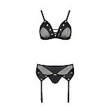 Комплект білизни Passion NESSY SET чорний для жінок бюстгальтер пояс для панчіх стрінги еротична білизна, фото 3