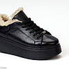 Шкіряні зимові прошиті чорні кросівки натуральна шкіра флотар на платформі, фото 4