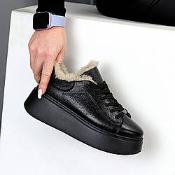 Шкіряні зимові прошиті чорні кросівки натуральна шкіра флотар на платформі