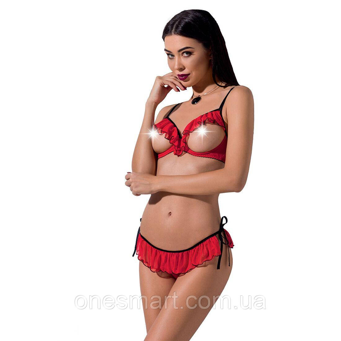Комплект білизни Passion Exclusive Cherry Set відкритий ліф та трусики-спідничка для сміливих модниць, фото 1