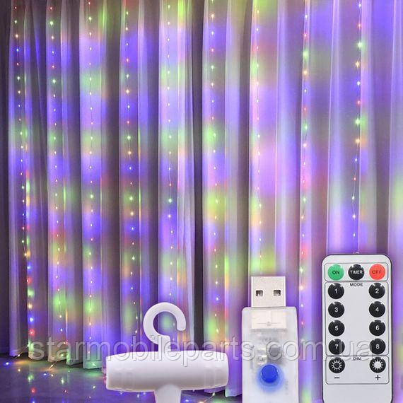 Світлодіодна гірлянда USB штора RGB, 3x3 м, 8 режимів, з пультом, фото 1