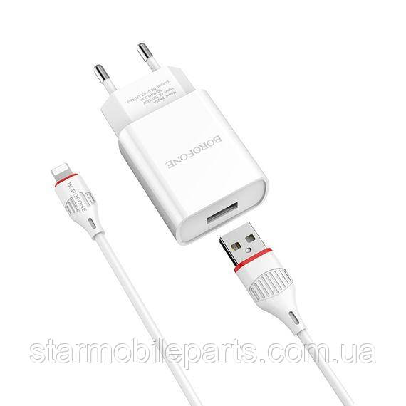 Мережевий зарядний пристрій Borofone BA20A USB білий + кабель USB to Lightning, фото 1