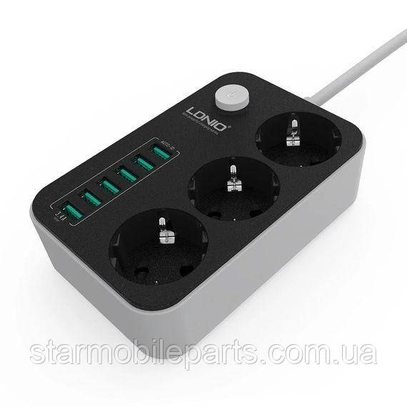 Мережевий зарядний пристрій подовжувач Ldnio SE3631 6 USB 3 розетки сіро-чорний, фото 1