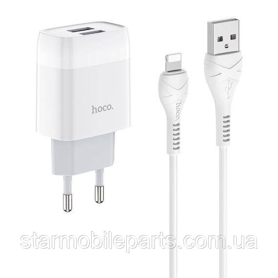 Мережевий зарядний пристрій Hoco C73A 2 USB білий + кабель USB to Lightning, фото 1