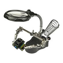 Тримач плат і паяльника MG16126-A з LED-підсвічуванням і подвійною лупою (велика лупа d=65 мм, 3.5x; мала лупа d=17, 12x)