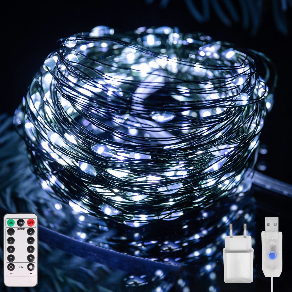 Світлодіодна гірлянда нитка "Роса" 20м з пультом, 200 LED, від USB та мережі 220V, зелений провід, Холодний білий