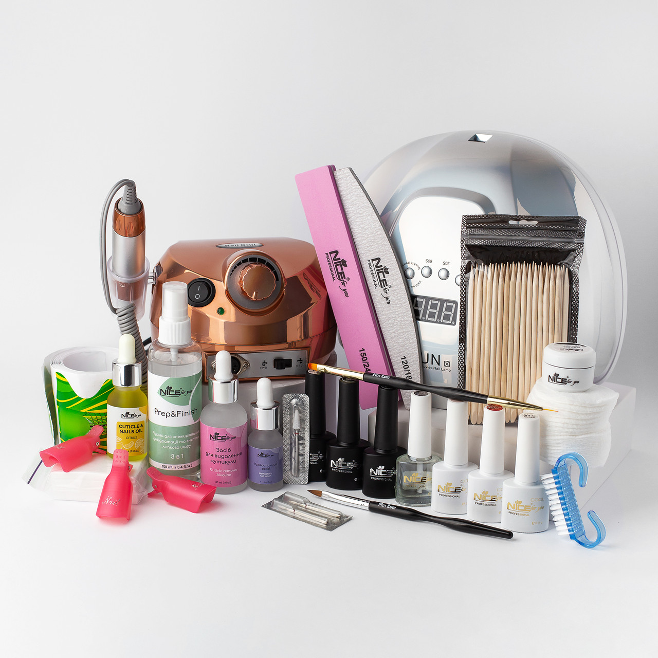 Стартовий набір для манікюру Nice for you Easy&Strong kit з лампою Sun X та фрезером Nail Drill 202 65 Вт 45000 об/хв.