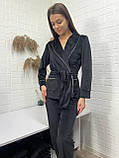 Велюровий домашній костюм з шалевим комірцем (кімоно та штани) у чорному кольорі, фото 3