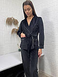 Велюровий домашній костюм з шалевим комірцем (кімоно та штани) у чорному кольорі, фото 4