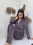 Велюровий домашній комплект з шалевим комірцем ( кімоно та штани) у кольорі капучино, фото 3