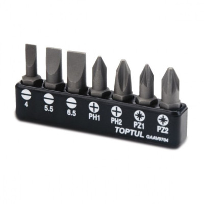 Набір біт Toptul 1/4" 7од. (SL: 4*0.5, 5.5*1, 6.5*1.2. PH1, PH2. PZ1, PZ2) (GAAV0704), фото 1