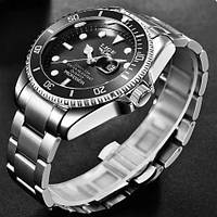 Мужские часы на руку делового стиля стальные с черным циферблатом для делового человека серебристый браслет
