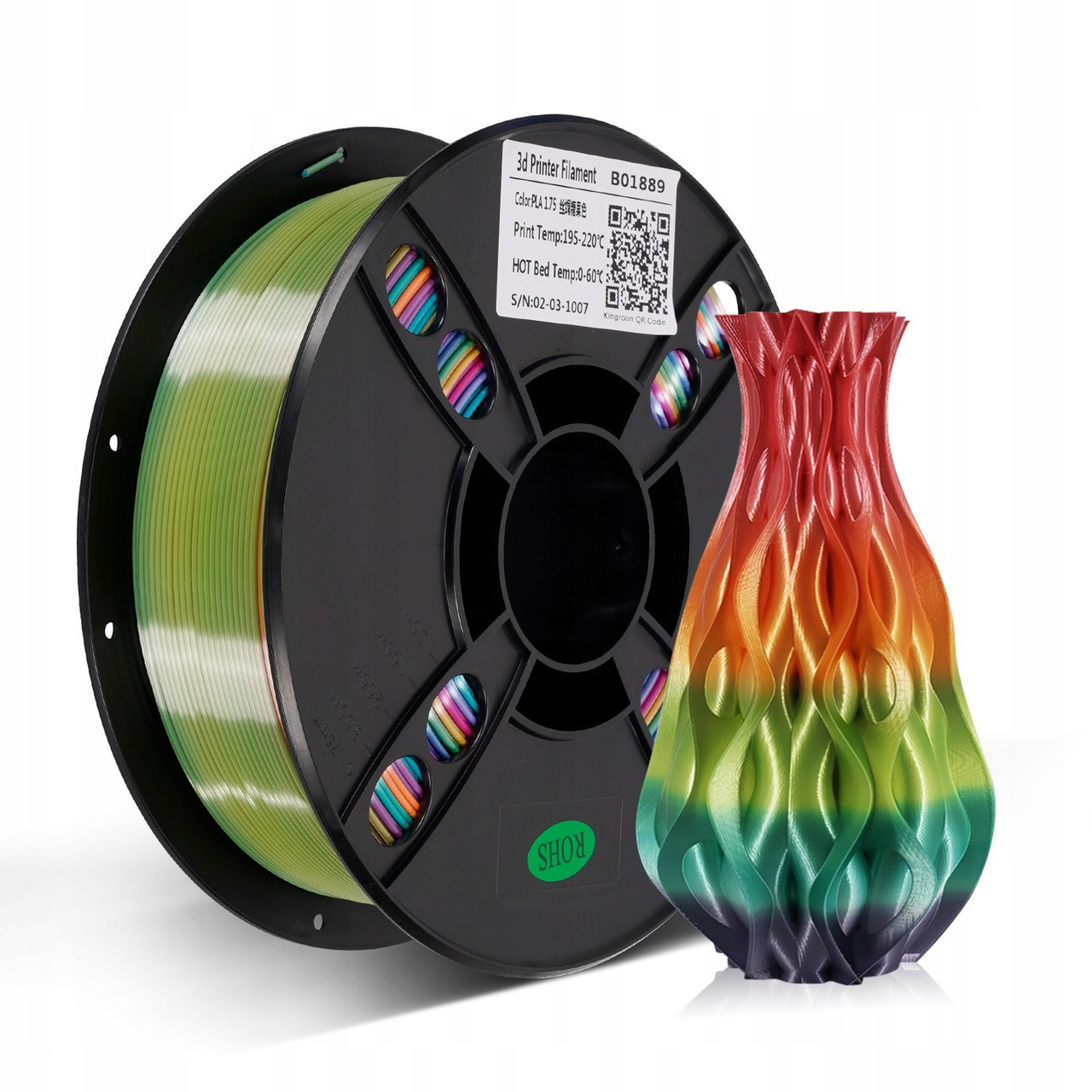 Пластик філамент для 3Д-друку KINGROON Silk PLA Rainbow Candy (B01889), Classic Spool, 1.75мм, 1кг, 200-220°C, Чергуються кольори