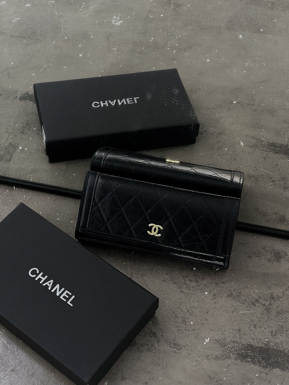 Женский кошелек Chanel черный глянцевый двойной Шанель с коробкой