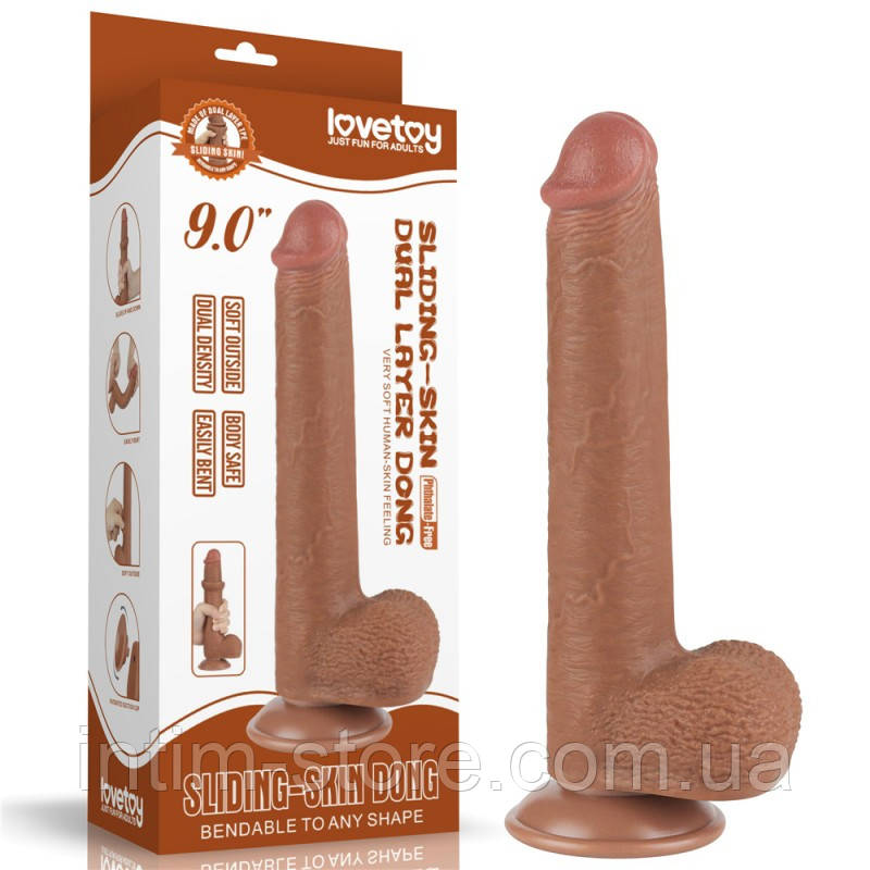 Фалоімітатор Sliding Skin Dual Layer Dong Brown 9.0, Коричневий, фото 1