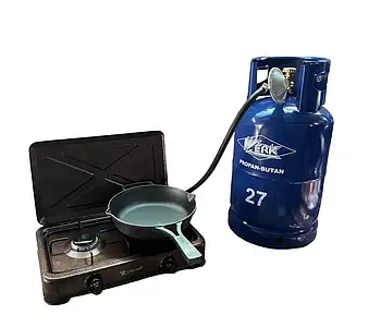 Газова плита двухкомфорна Yucel + Балон газовий побутовий Werk 27 л + редуктор зі шлангом