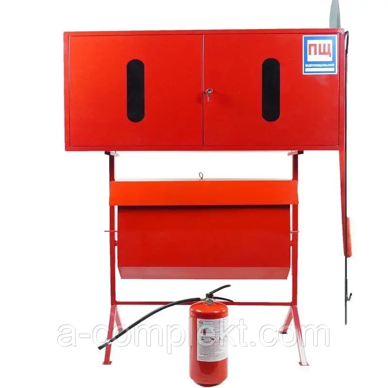 Стенд пожежний стаціонарний закритого типу з перекидним ящиком для піску 0,12 м³ та пожежним інвентарем