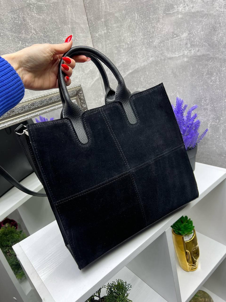 Жіноча сумка-шопер квадратна комбінована чорна натуральна замша+шкірзам