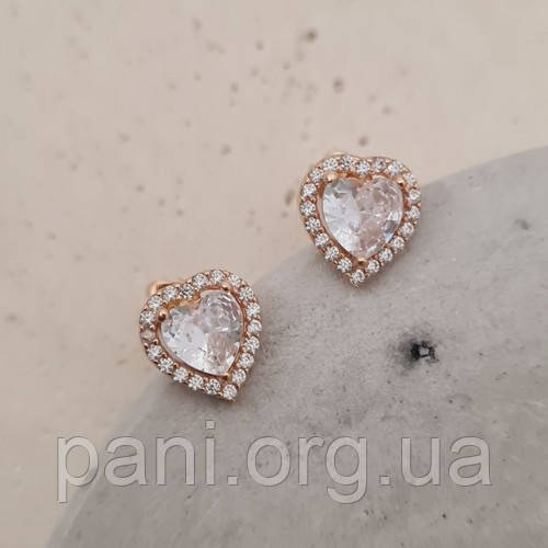 Сережки вкрутки сердечка золоті з білими фіанітами 1.99, фото 1