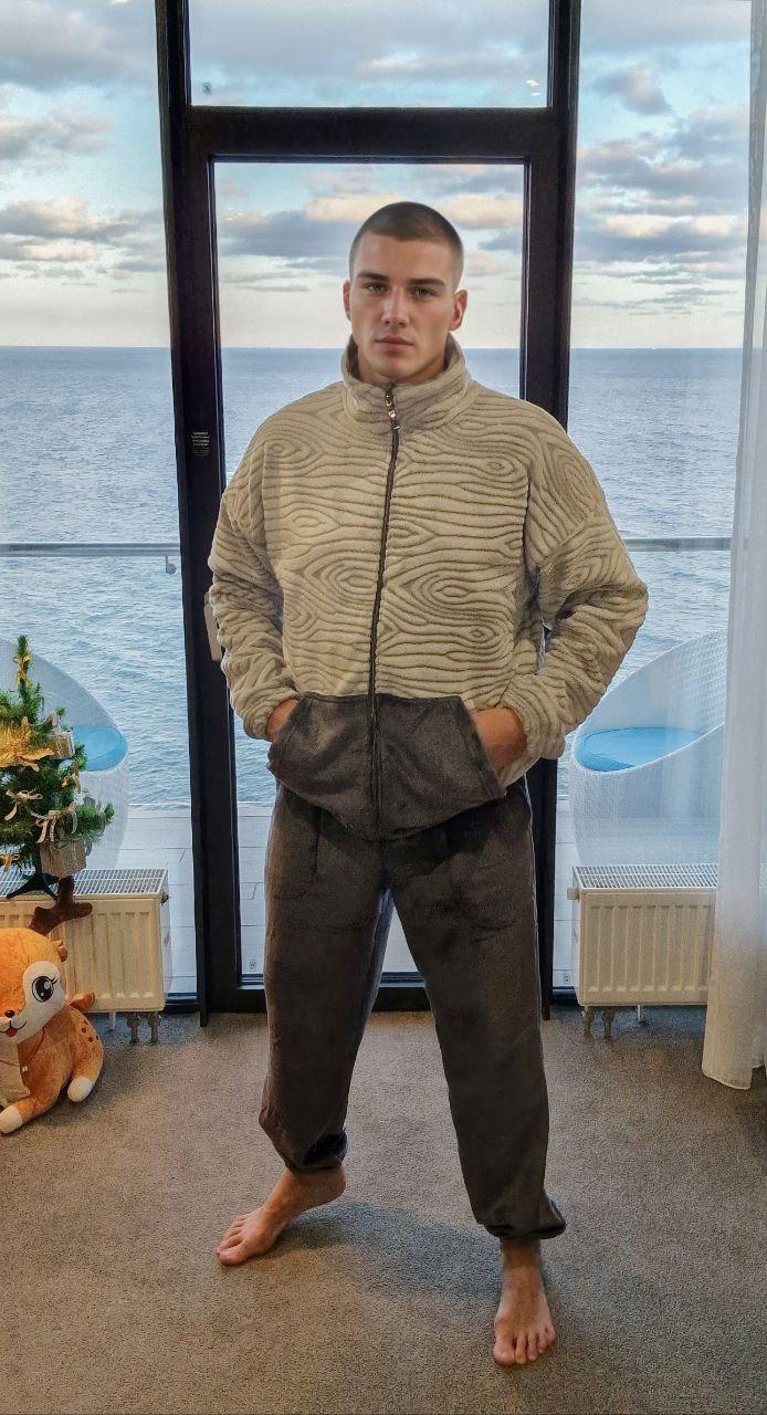 Піжама чоловіча тепла на блискавці Смужка у кольорі мокко