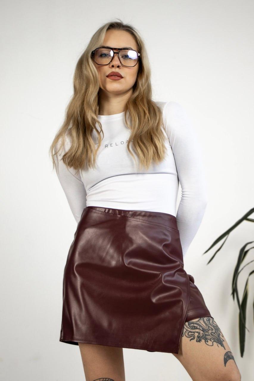 Жіноча шкіряна спідниця-шорти коричнева з екошкіри, фото 1