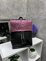 Рюкзак жіночий молодіжний з блискітками сумка-рюкзак рожевий гліттер+шкірзам