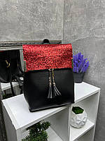 Рюкзак жіночий молодіжний з блискітками сумка-рюкзак червоний гліттер+шкірзам